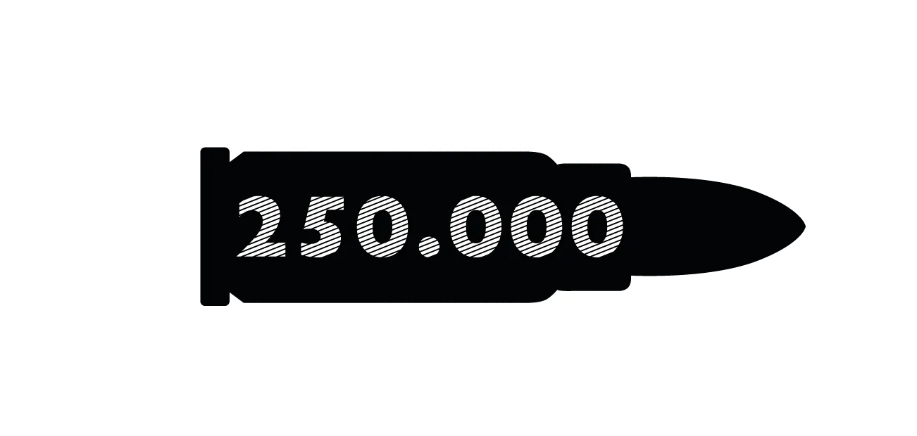 Infografik / Zahl 250.000 auf einer Patrone vor eine Weltkugel