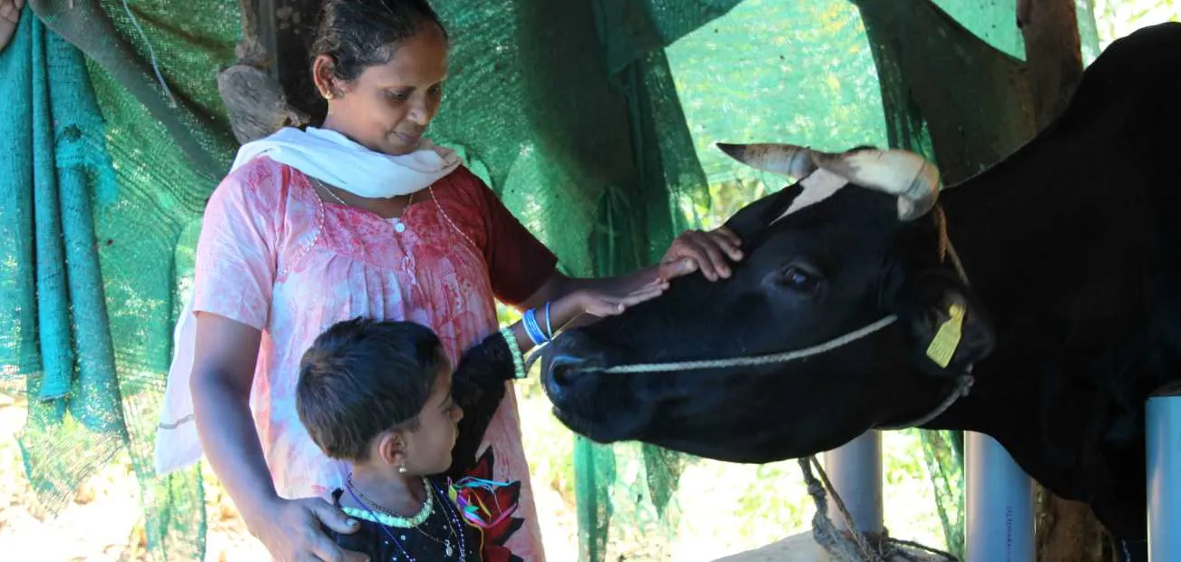 Mutter und Tochter in Indien streicheln eine Kuh