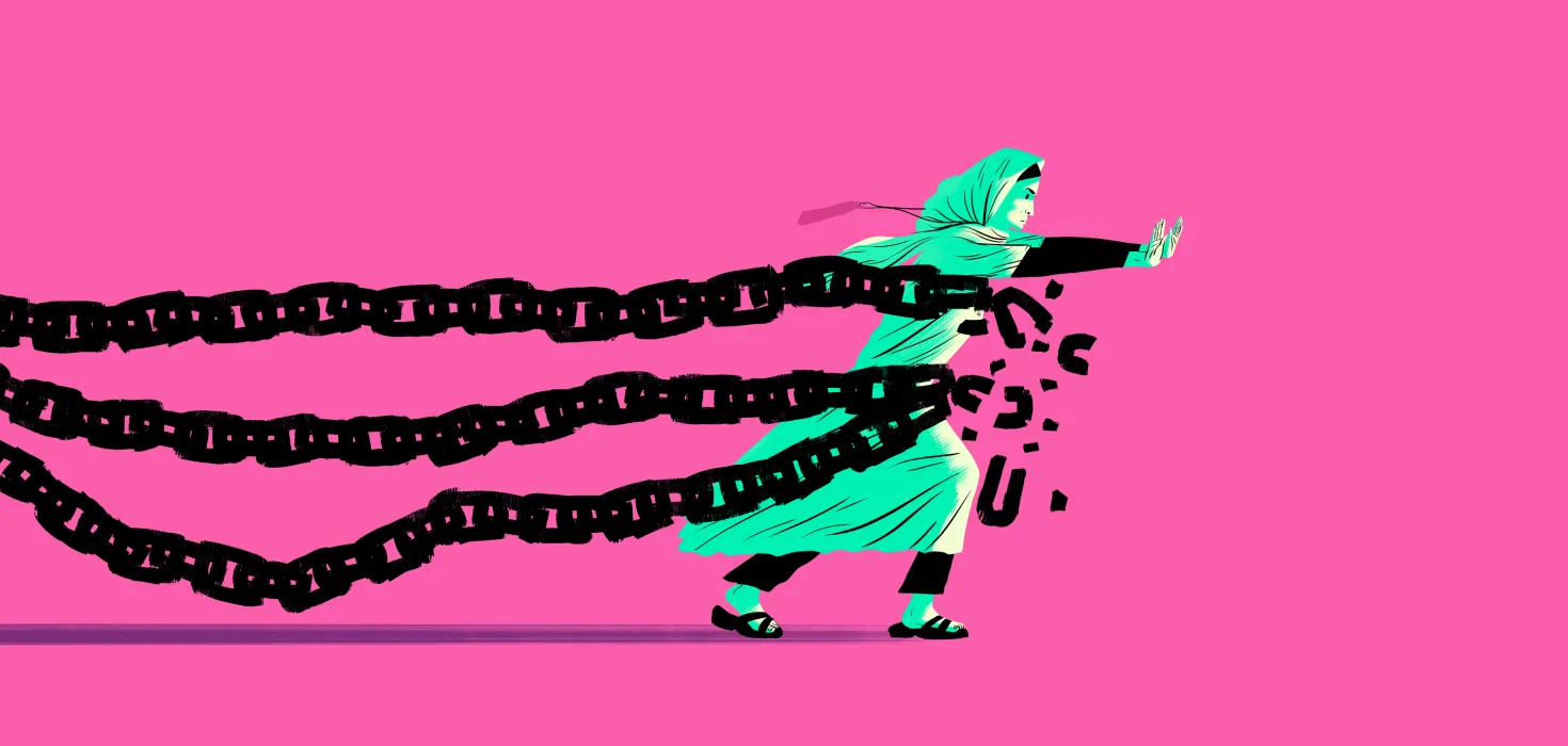 Illustration von Paul Blow: Ein syrisches Mädchen befreit sich von Ketten