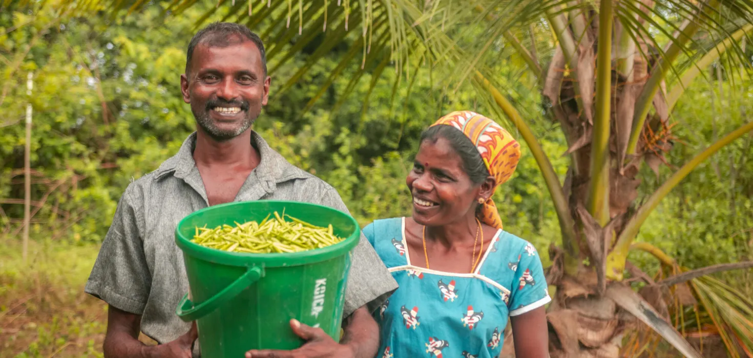 Farmer-Paar in Sri Lanka mit Ernte-Ertrag aus ökologischer Landwirtschaft 