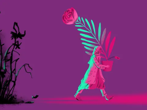 Illustration von Paul Blow: Aufbruch einer jungen syrischen Frau in ein besseres Leben