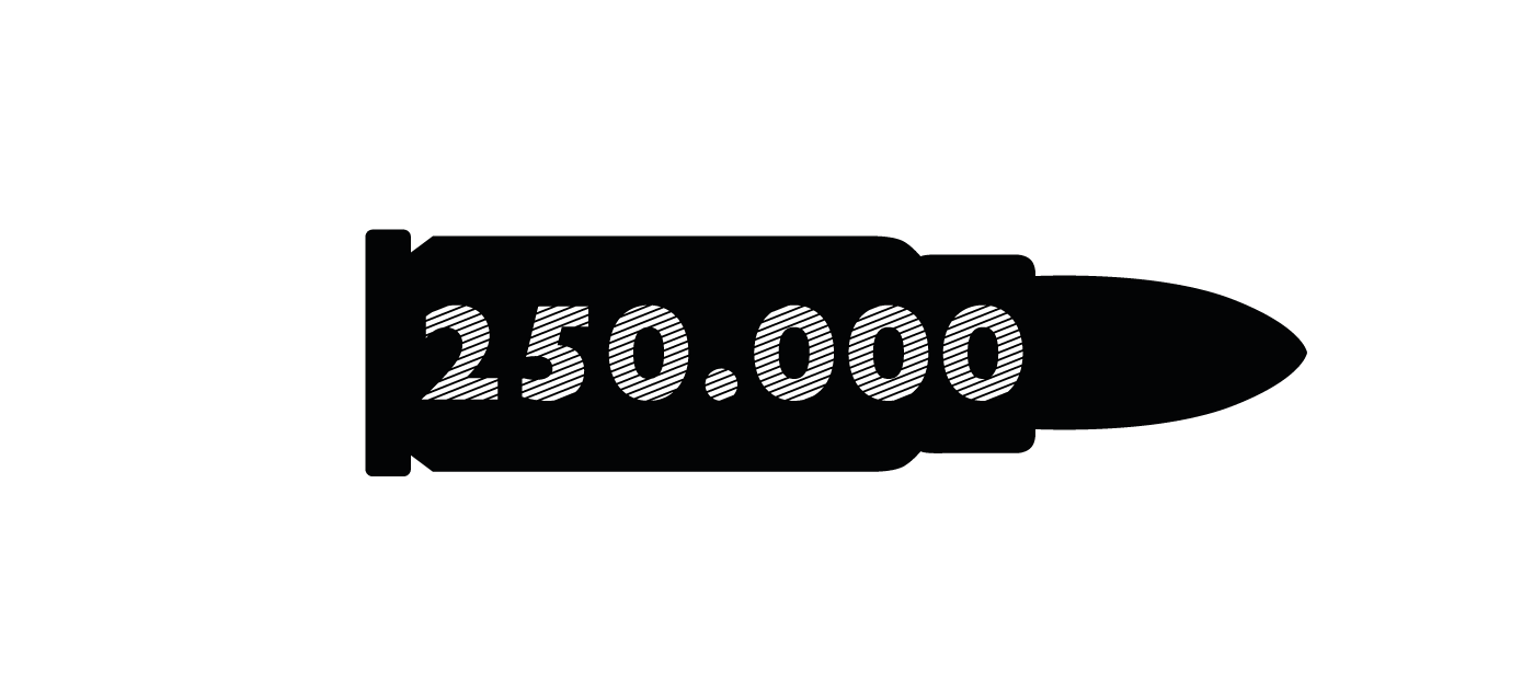 Infografik / Zahl 250.000 auf einer Patrone vor eine Weltkugel