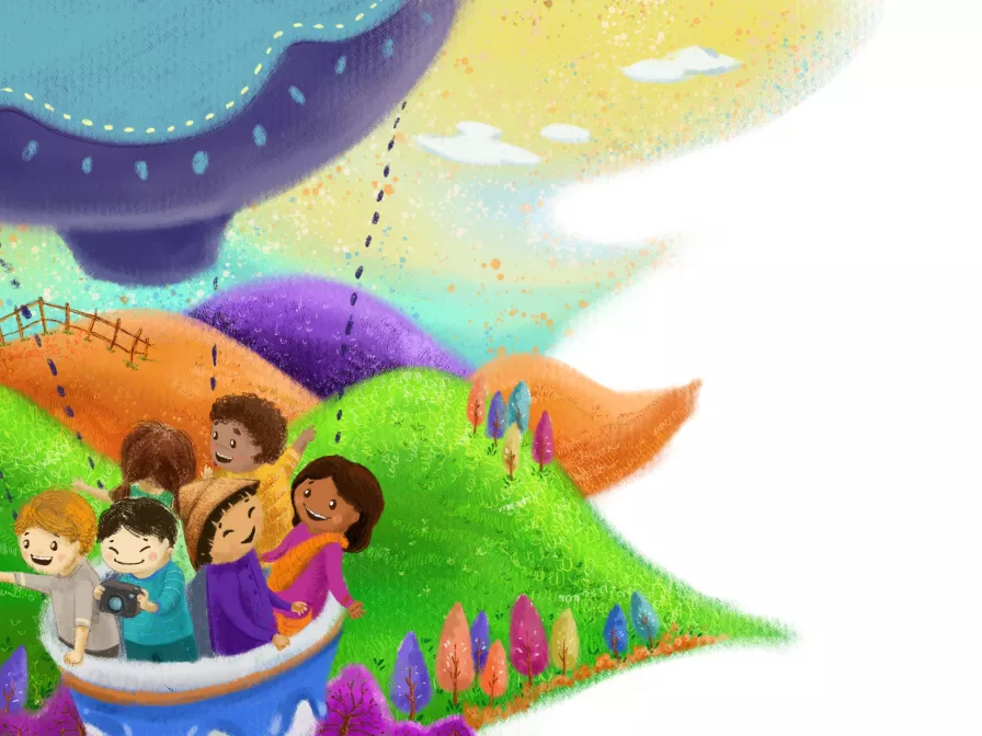 Zeichnung - World Vision - Kinder der Welt fliegen zusammen mit einem Ballon