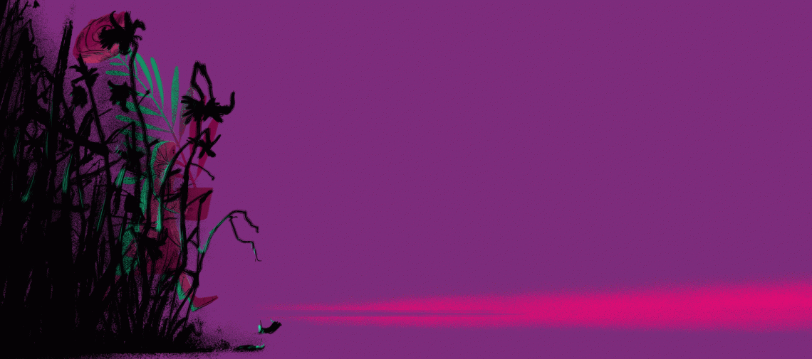 Illustration von Paul Blow: mit einer Blume kommt eine junge Frau aus einem dunklen Dornenfeld