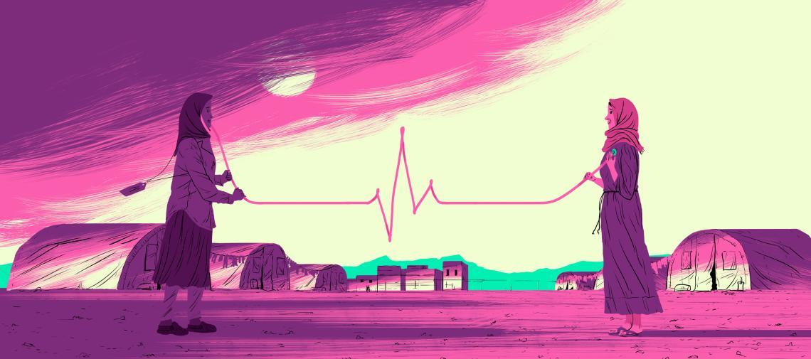 Illustration von Paul Blow: zwei Frauen im Flüchtlingslager verbunden durch eine Schnur mit Fieberkurve
