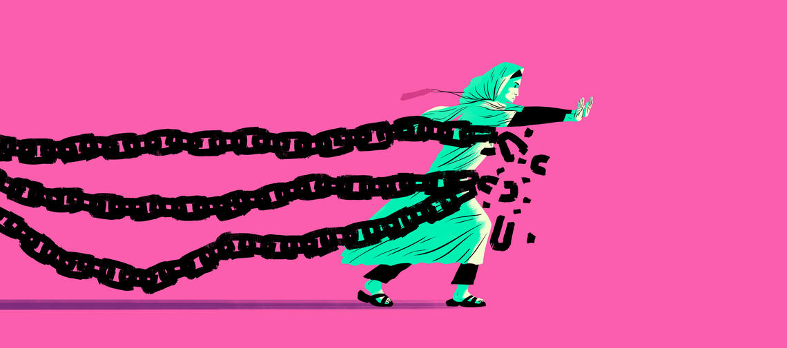 Illustration von Paul Blow: Ein syrisches Mädchen befreit sich von Ketten