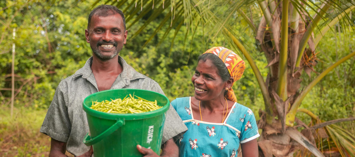 Farmer-Paar in Sri Lanka mit Ernte-Ertrag aus ökologischer Landwirtschaft 