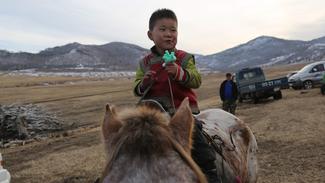 Mongolischer Junge auf einem Pferd