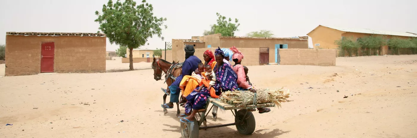 Eselskarren mit Familien vor einem Dorf in Mauretanien