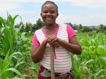 Frau steht im Maisfeld