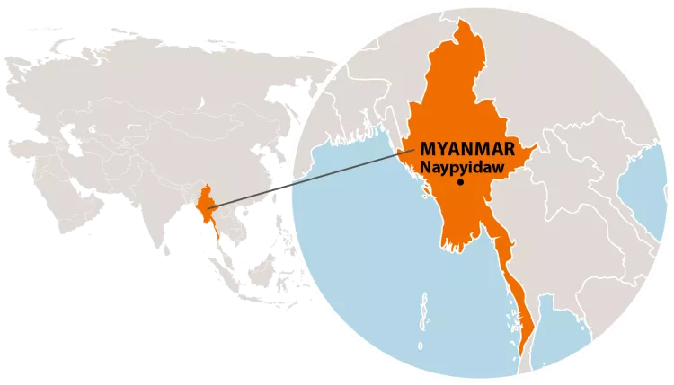 Die Lage von Myanmar in Asien