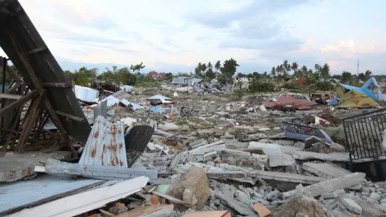 Zerstörte Häuser in Perumnas Balaroa, West Palu