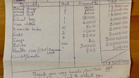 World Vision Liste über Anschaffungen für ein Patenkind