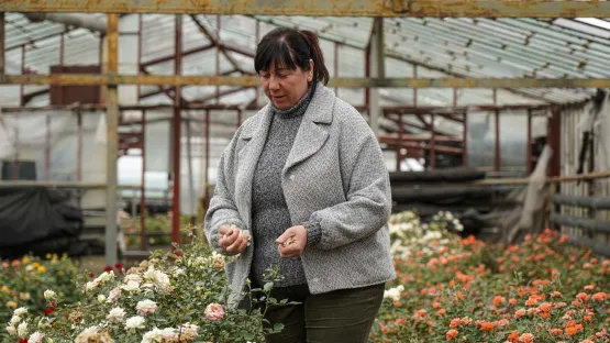 Olena bei ihren Rosen im Gewächshaus